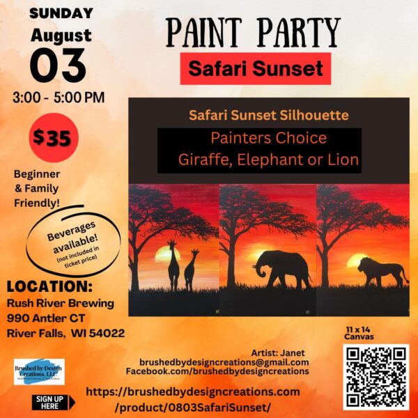 08.03.25 Safari Sunset Paint Party, Rush River Brewing, River Falls, WI at 3 PM