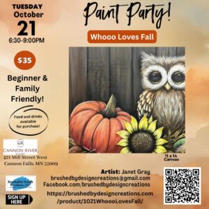 10.21.25 Whooo Loves Fall Paint Party, Cannon River Winery, Cannon Falls, MN at 6:30 PM