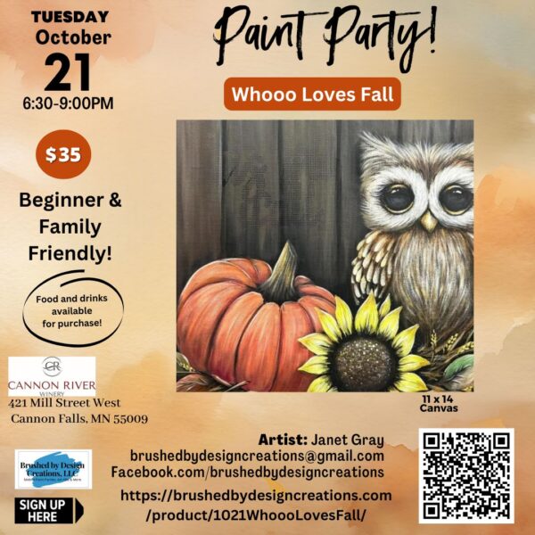 10.21.25 Whooo Loves Fall Paint Party, Cannon River Winery, Cannon Falls, MN at 6:30 PM