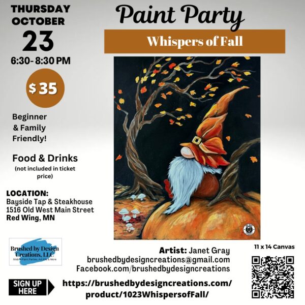 10.23.25 Whispers of Fall Gnome Paint Party at Bayside Tap & Steakhouse, Red Wing, MN 6:30 PM