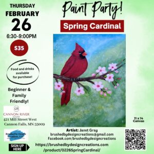 02.26.26 Spring Cardinal Paint Party at Cannon River Winery, Cannon Falls, MN at 6:30 PM