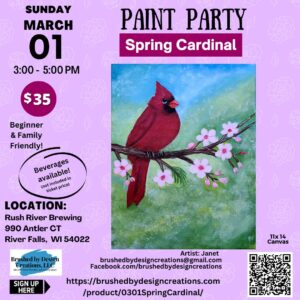 03.01.26 Spring Cardinal Paint Party, Rush River Brewing, River Falls, WI at 3 PM