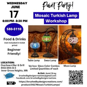06.17.26 Mosaic Turkish Lamp Workshop, Overboard Bar & Grill, Inver Grove Heights, MN at 6 PM