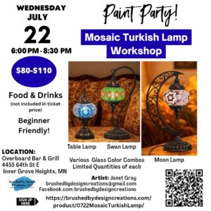 07.22.26 Mosaic Turkish Lamp Workshop, Overboard Bar & Grill, Inver Grove Heights, MN at 6 PM
