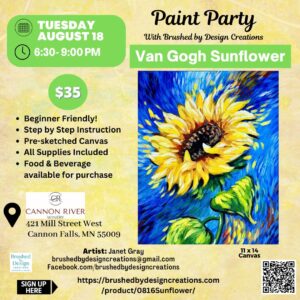 08.18.26 Van Gogh Sunflower Paint Party at Cannon River Winery, Cannon Falls, MN at 6:30 PM