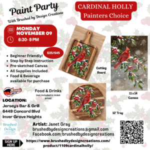 11.09.26 Cardinal Holly Paint Party at Jersey's Bar & Grill, Inver Grove Heights, MN at 6:30 PM