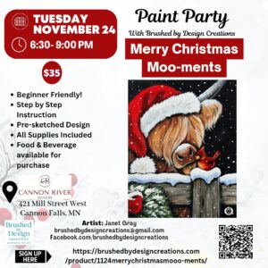 11.24.26 Merry Christmas Mooo-ments Paint Party at Cannon River Winery, Cannon Falls, MN at 6:30 PM